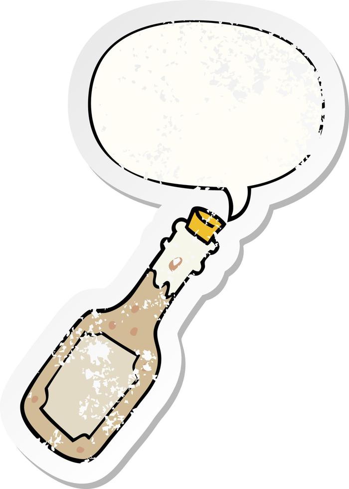 cartoon beer bottle and speech bubble distressed sticker vector