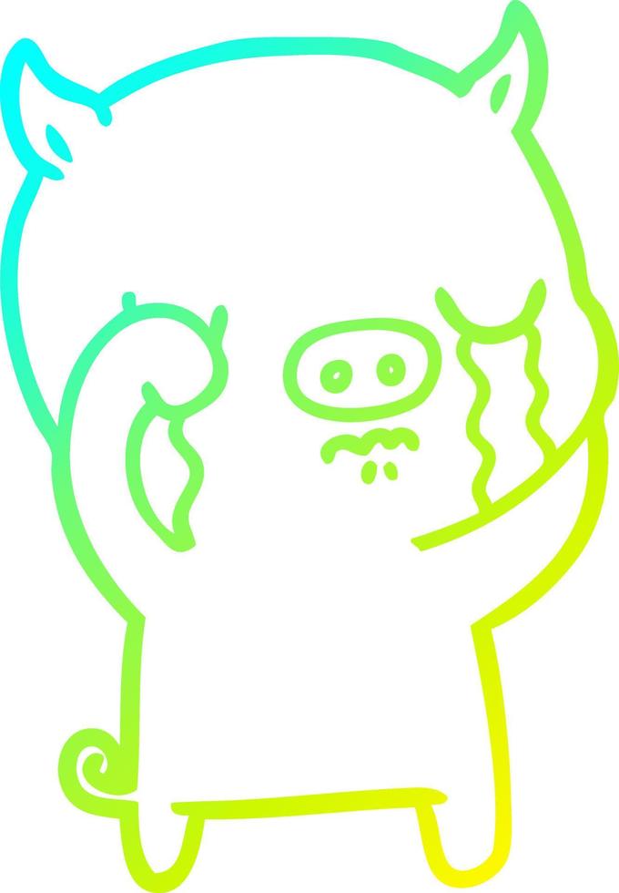 cold gradient line drawing cartoon pig crying vector