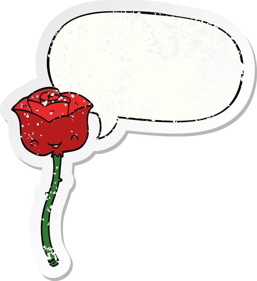 cartoon rose and speech bubble distressed sticker vector