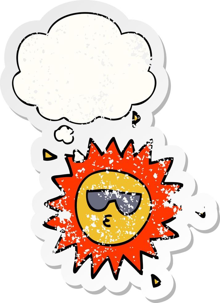 cartoon sun and thought bubble as a distressed worn sticker vector