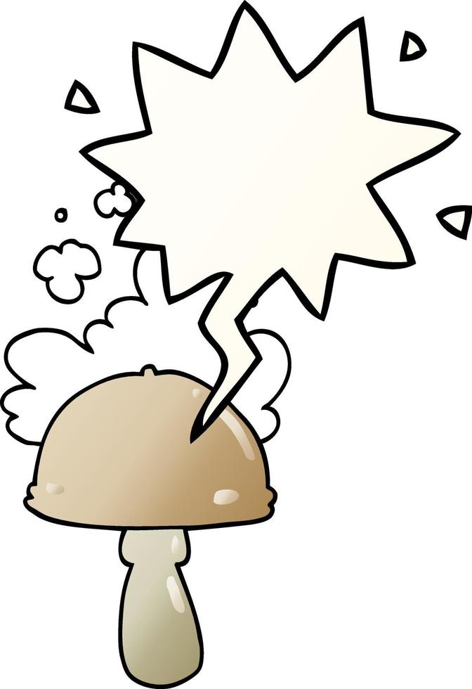 cartoon mushroom and spore cloud and speech bubble in smooth gradient style vector