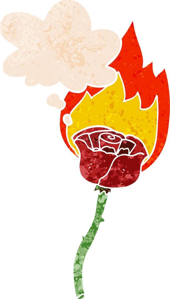 cartoon flaming rose and thought bubble in retro textured style vector