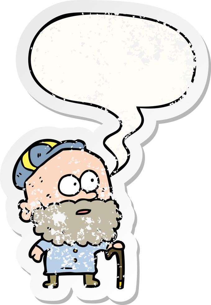 old cartoon man and walking stick and flat cap and speech bubble distressed sticker vector