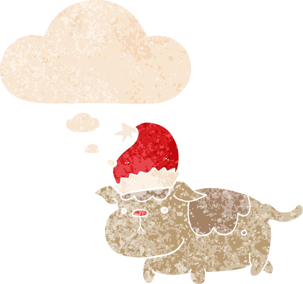 cute christmas dog and thought bubble in retro textured style vector