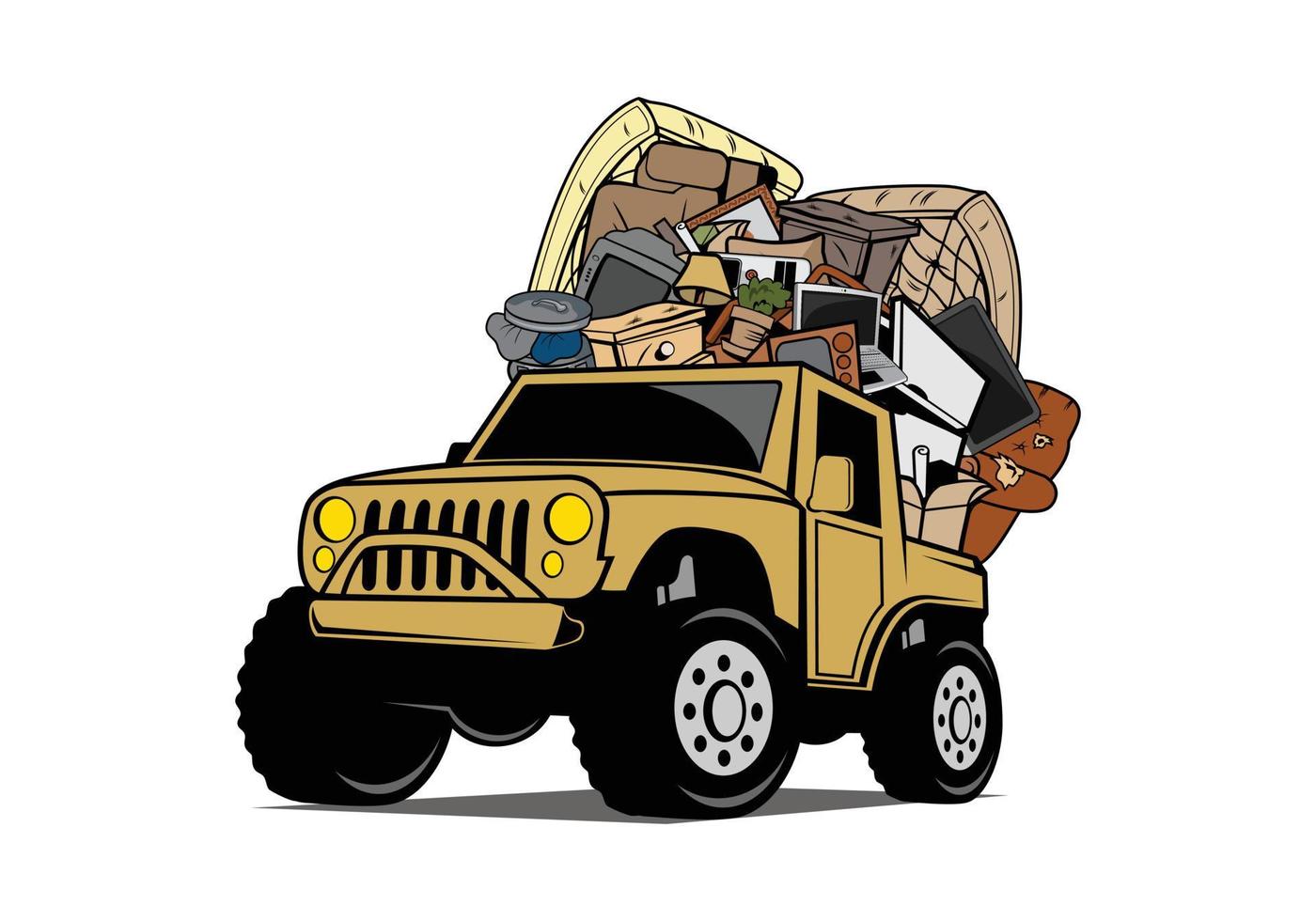 Offroad vehicle loaded full of household junk design illustration vector