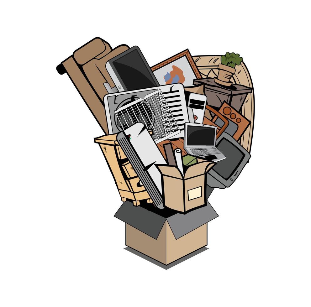 Box full of household junk design illustration vector