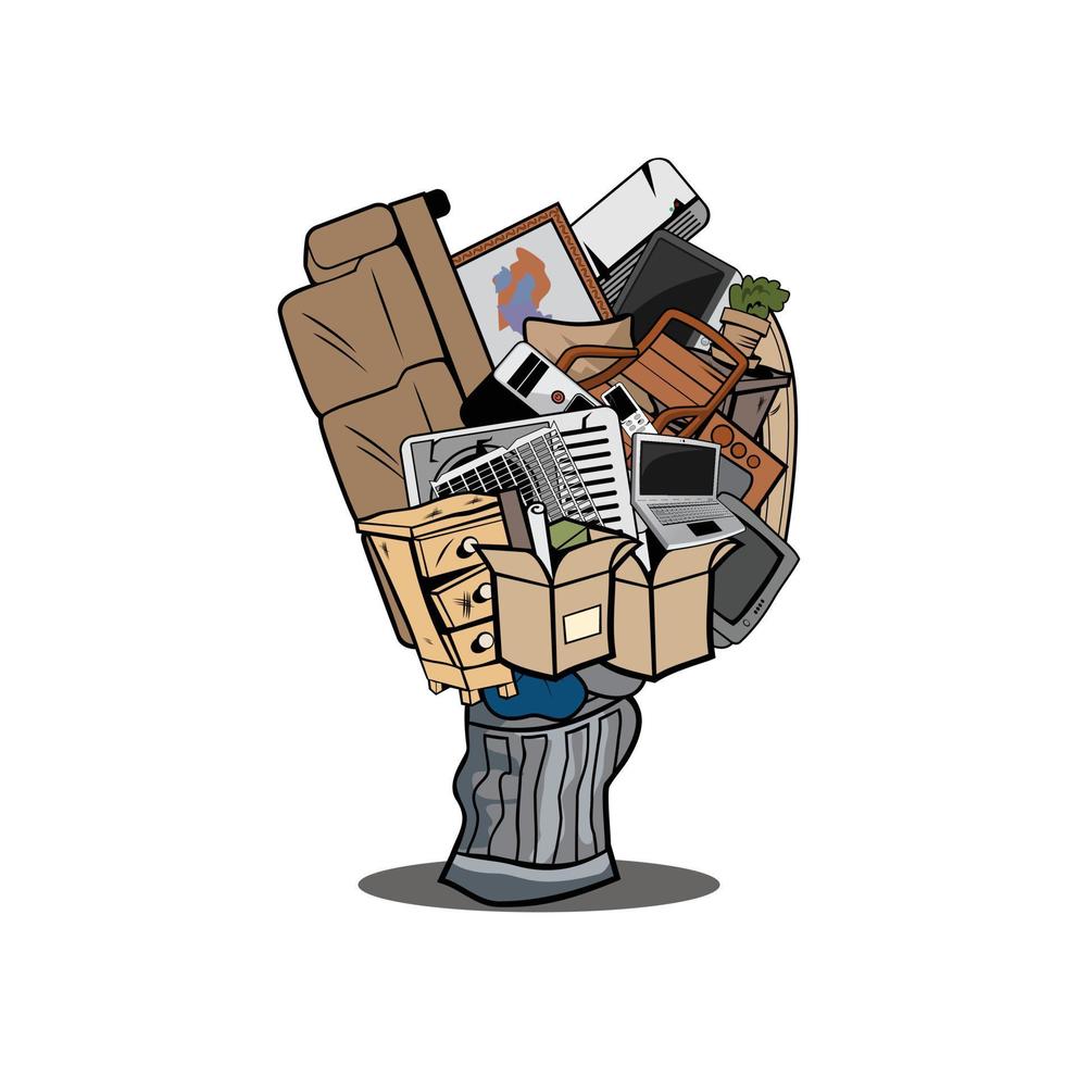 Trash can full of household junk design illustration vector