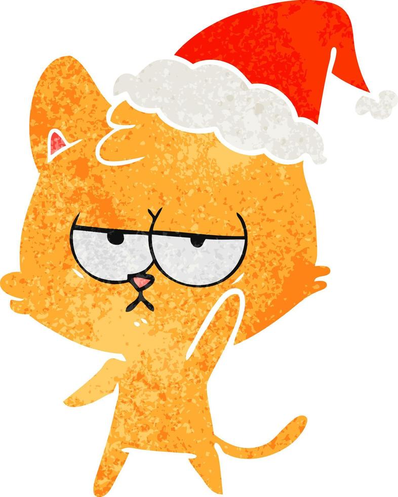 bored retro cartoon of a cat wearing santa hat vector