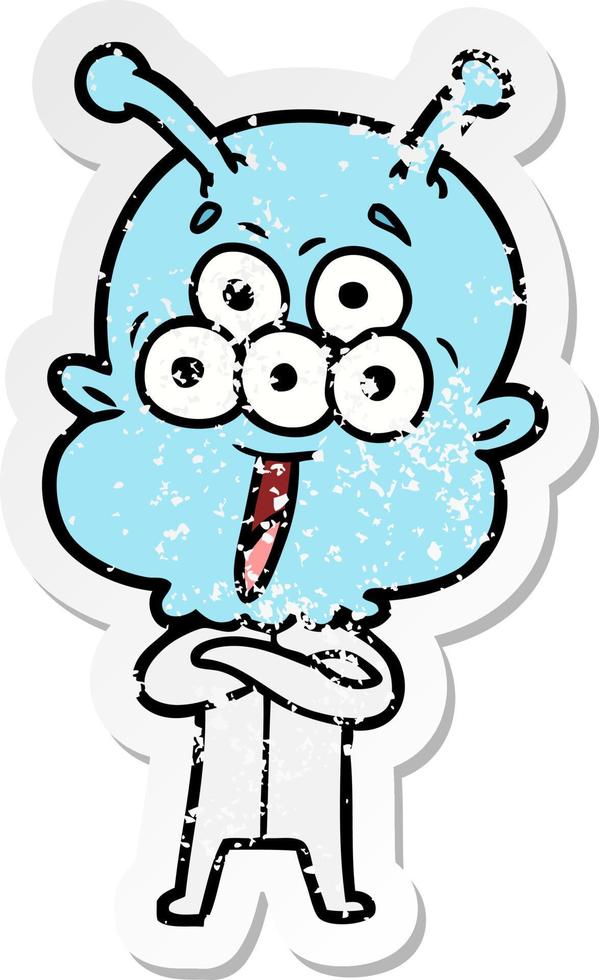 distressed sticker of a happy cartoon alien vector