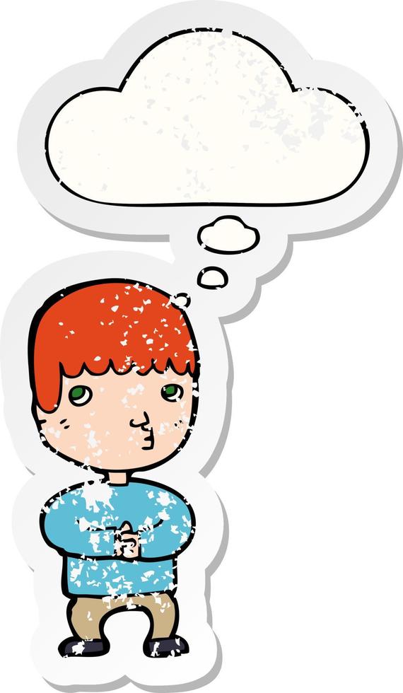 cartoon man thinking and thought bubble as a distressed worn sticker vector