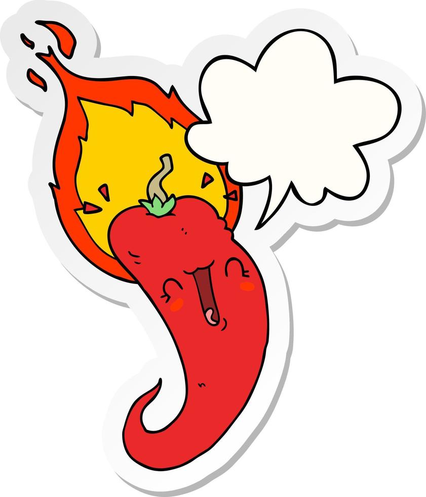 cartoon flaming hot chili pepper and speech bubble sticker vector