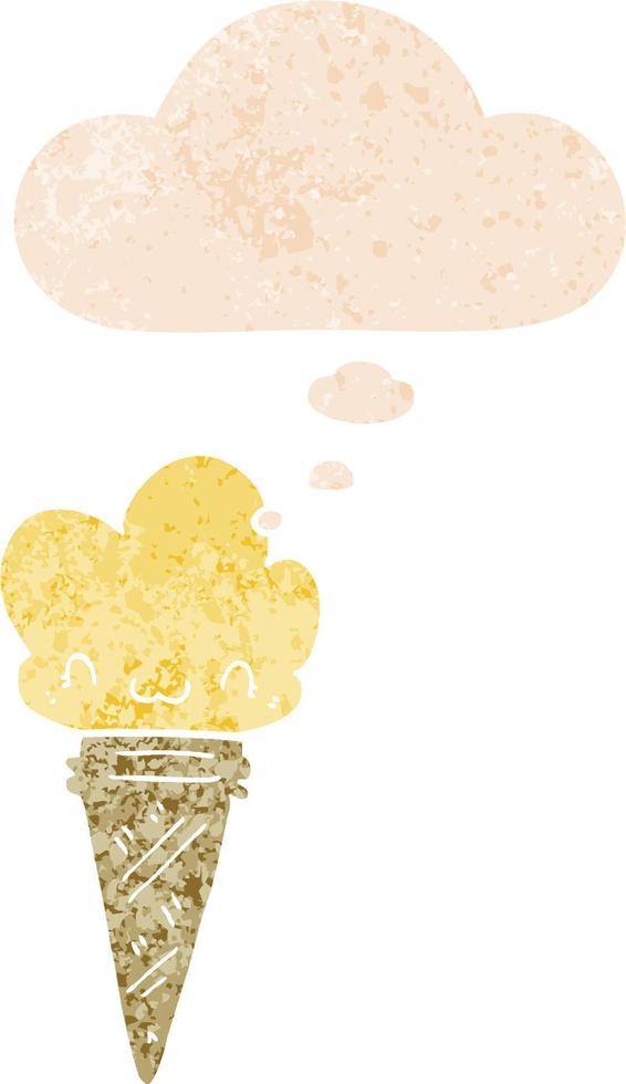 cartoon ice cream with face and thought bubble in retro textured style vector