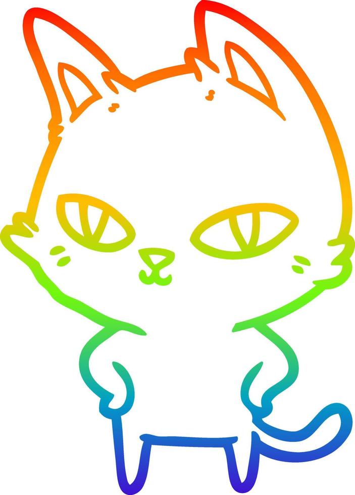rainbow gradient line drawing cartoon cat with bright eyes vector