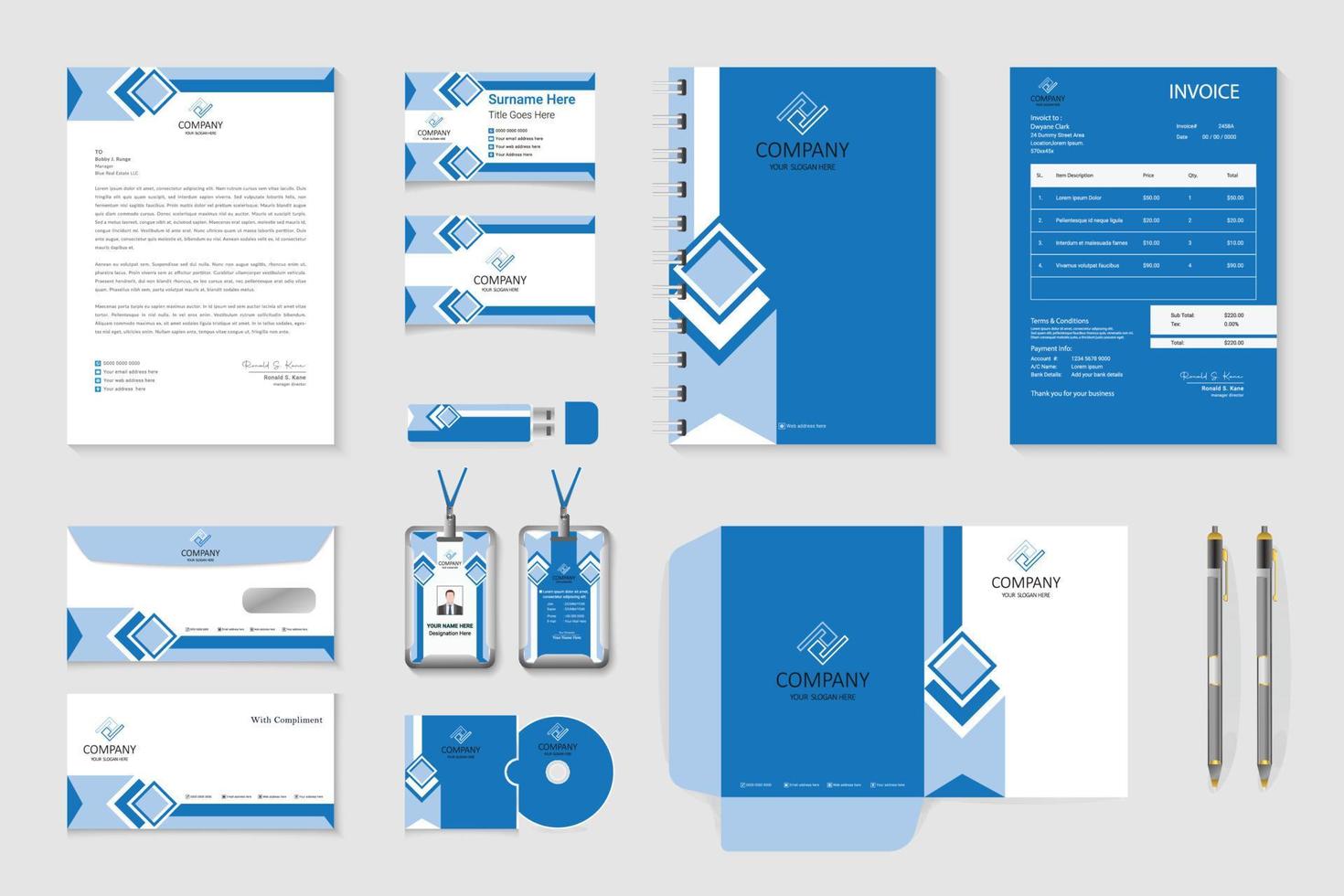 Corporate business branding identity, letterhead, business card, invoice, envelope design vector