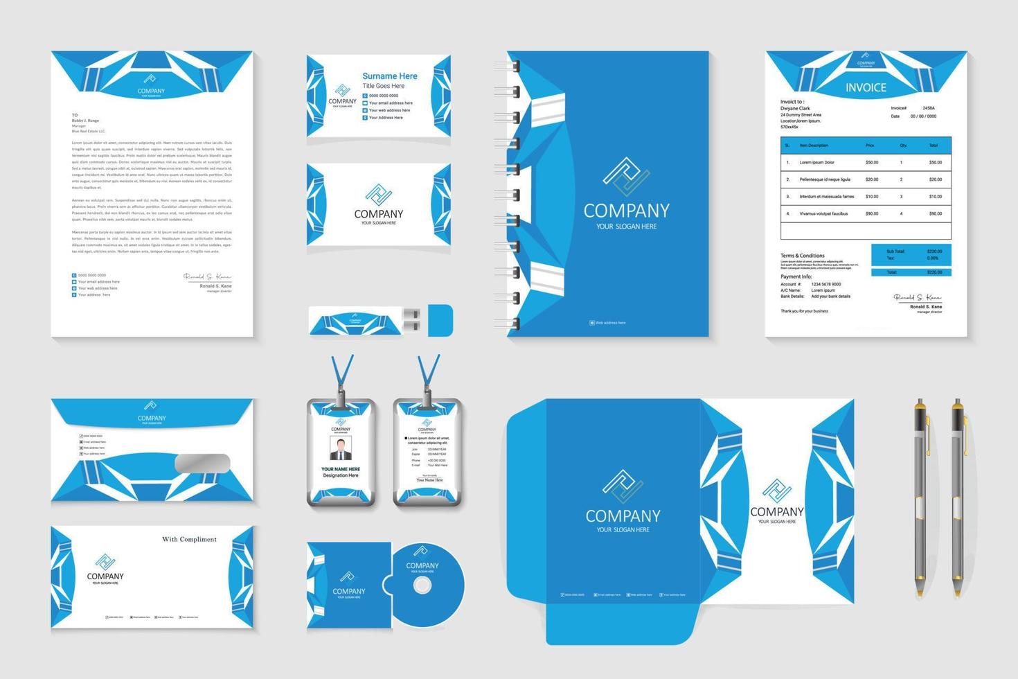 Corporate identity and stationery items design vector