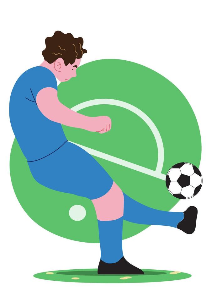 jugador de fútbol penalti de carácter patear la pelota clásica. ilustraciones vectoriales gráficas planas aisladas en el fondo del campo de fútbol vector