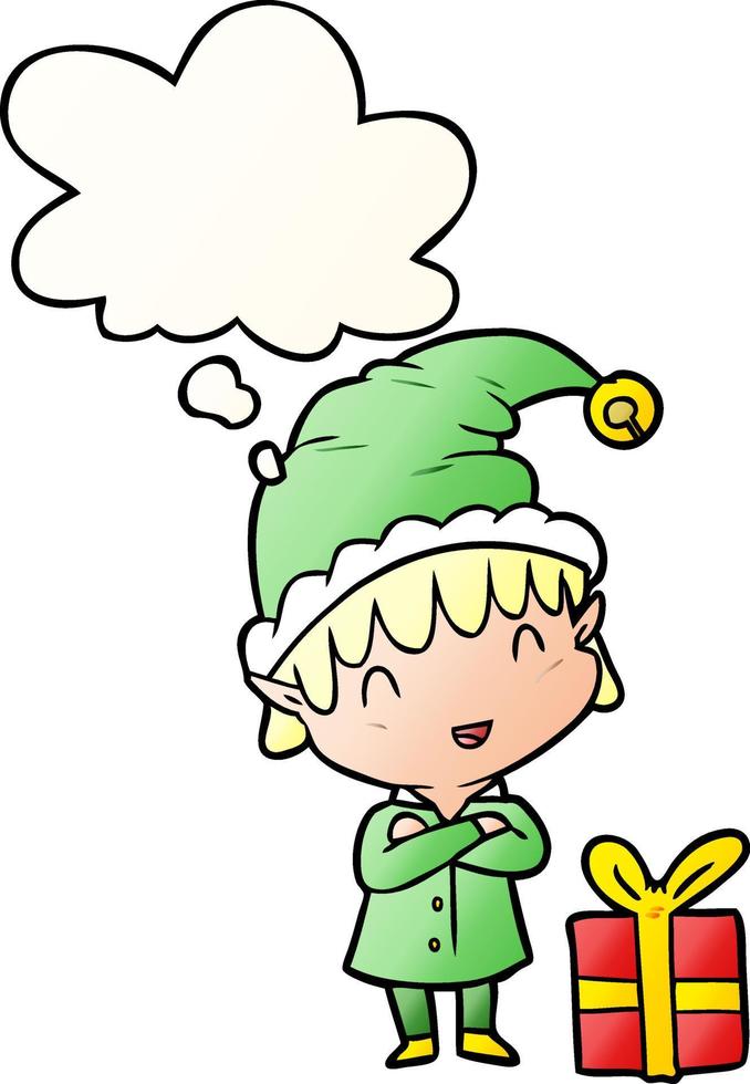 cartoon happy christmas elf and thought bubble in smooth gradient style vector