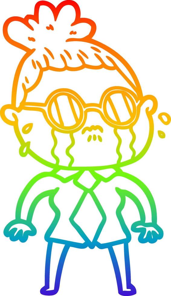 rainbow gradient line drawing cartoon crying woman wearing spectacles vector