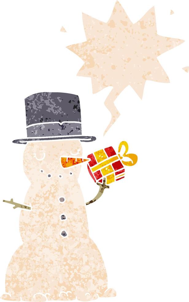 cartoon christmas snowman and speech bubble in retro textured style vector