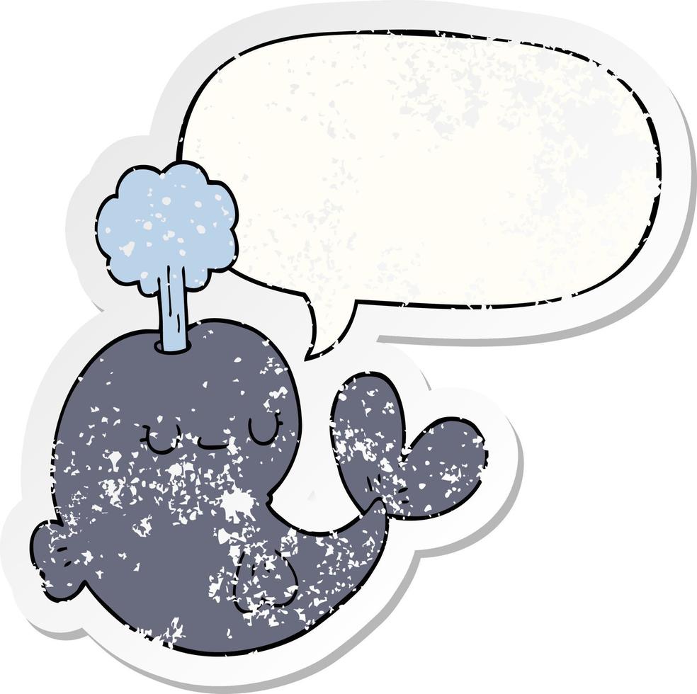 cute cartoon whale and speech bubble distressed sticker vector