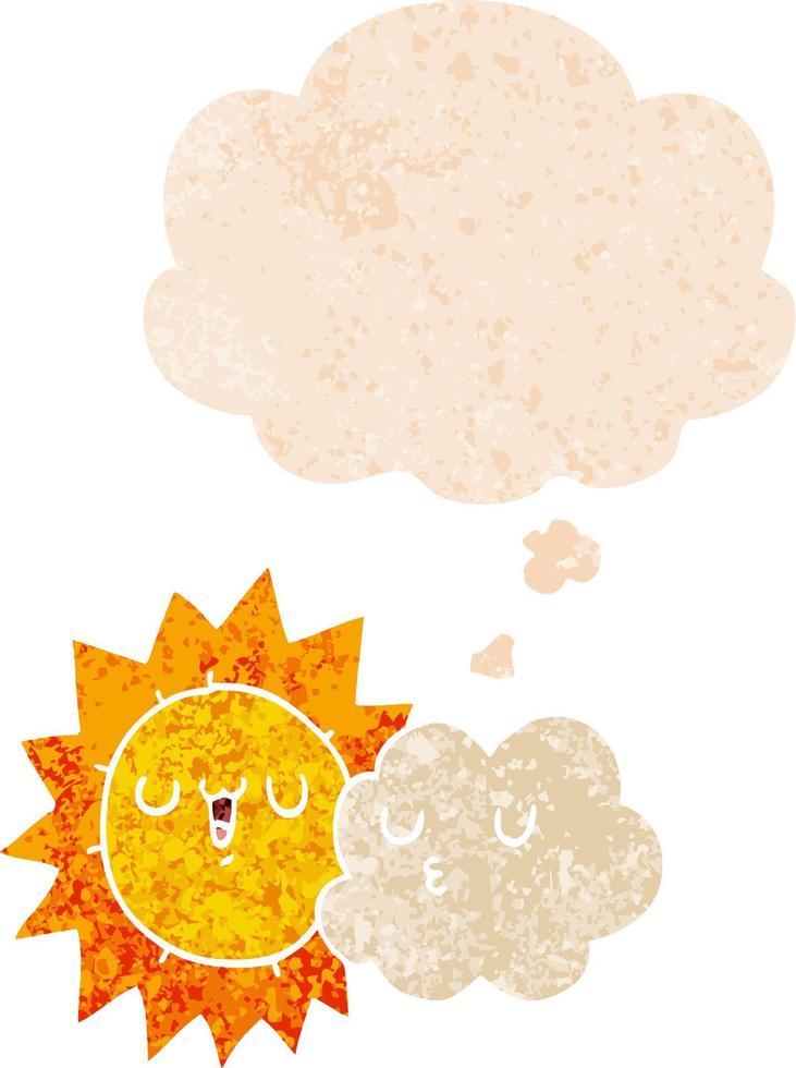 cartoon sun and cloud and thought bubble in retro textured style vector