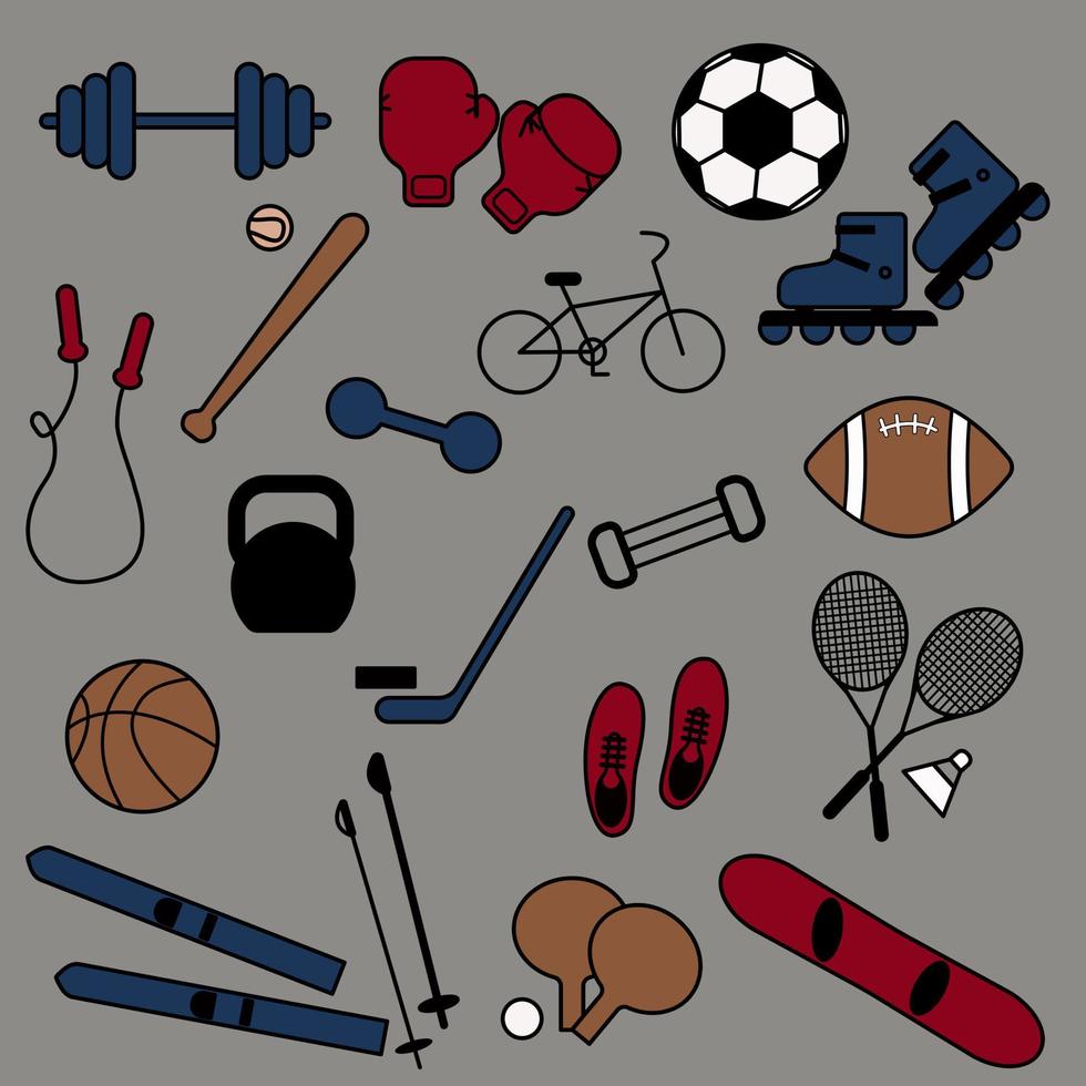 un conjunto de equipos deportivos sobre un fondo azul. estilo de vida saludable. ilustración vectorial de dibujos animados. vector