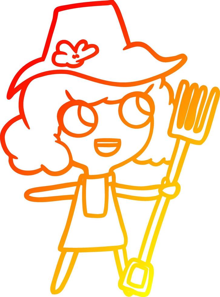 warm gradient line drawing cartoon farmer girl with fork vector