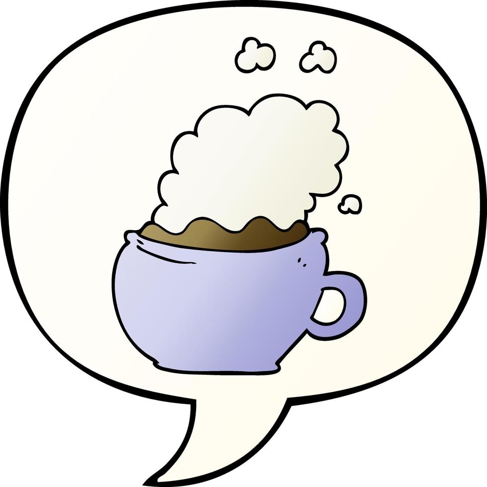 cartoon hot cup of coffee and speech bubble in smooth gradient style vector