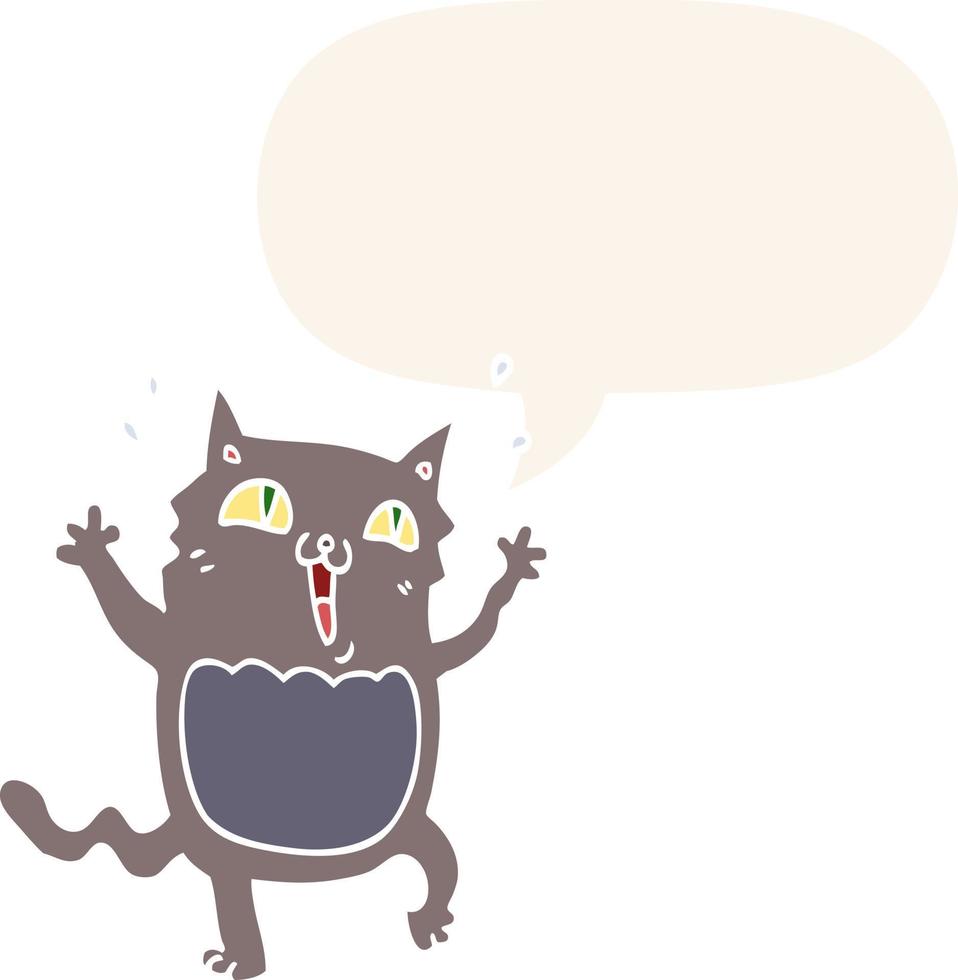 cartoon crazy excited cat and speech bubble in retro style vector
