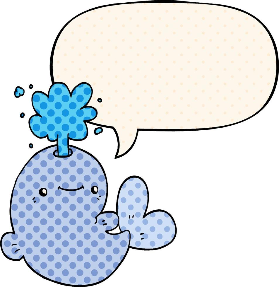 cartoon whale spouting water and speech bubble in comic book style vector