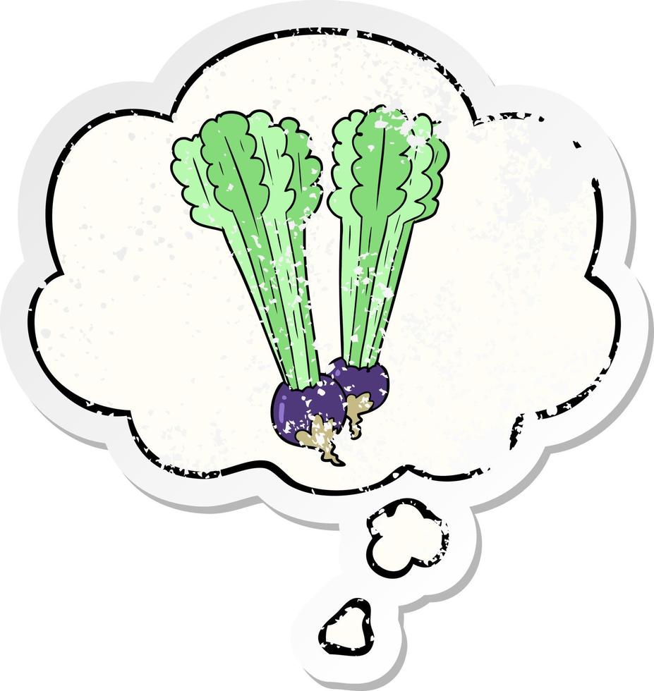 cartoon beetroot and thought bubble as a distressed worn sticker vector