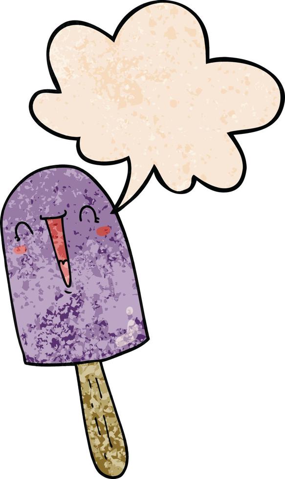 cartoon happy ice lolly and speech bubble in retro texture style vector