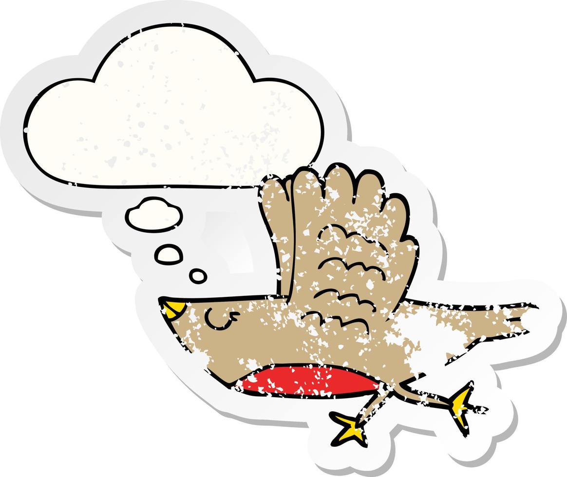 cartoon bird and thought bubble as a distressed worn sticker vector