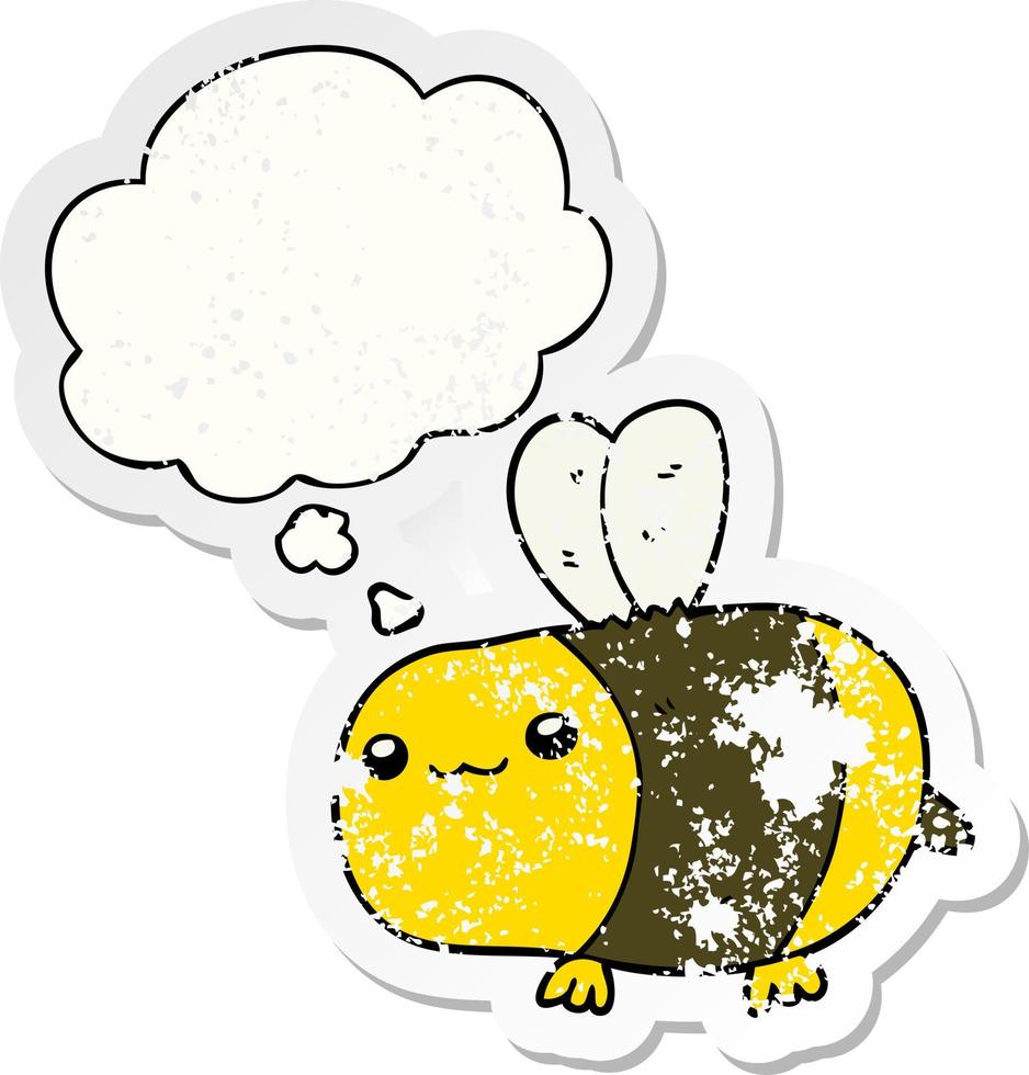 cartoon bee and thought bubble as a distressed worn sticker vector