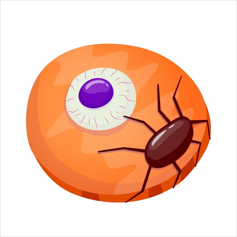 Halloween eyeball sweet isolated. Pumpkin cake with eyeball and spider, spooky dessert for halloween autumn holiday. Cartoon vector illustration. Holiday dessert with a spider