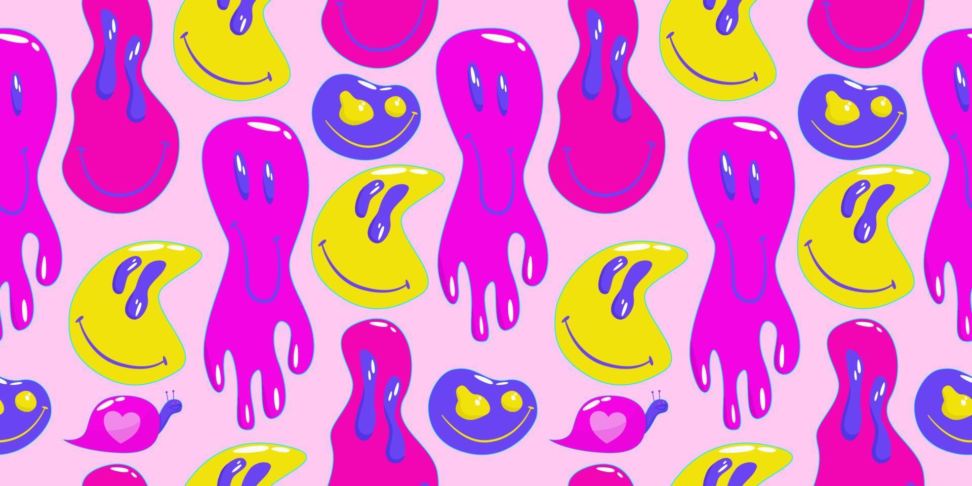 Trippy psychedelic aesthetic y2k seamless pattern. Trippy smile retro pop funny cartoon character. Smiley Happy face. Psychedelic print vector
