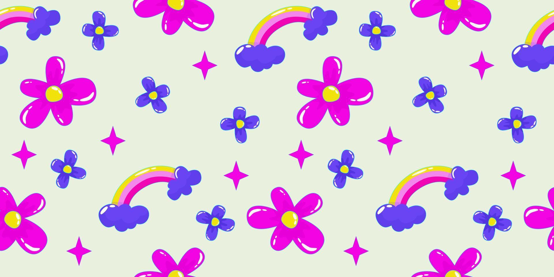 Trippy psychedelic aesthetic y2k seamless pattern. Trippy smile retro pop funny cartoon character. Smiley Happy face. Psychedelic print. Daisy flower and rainbow. vector