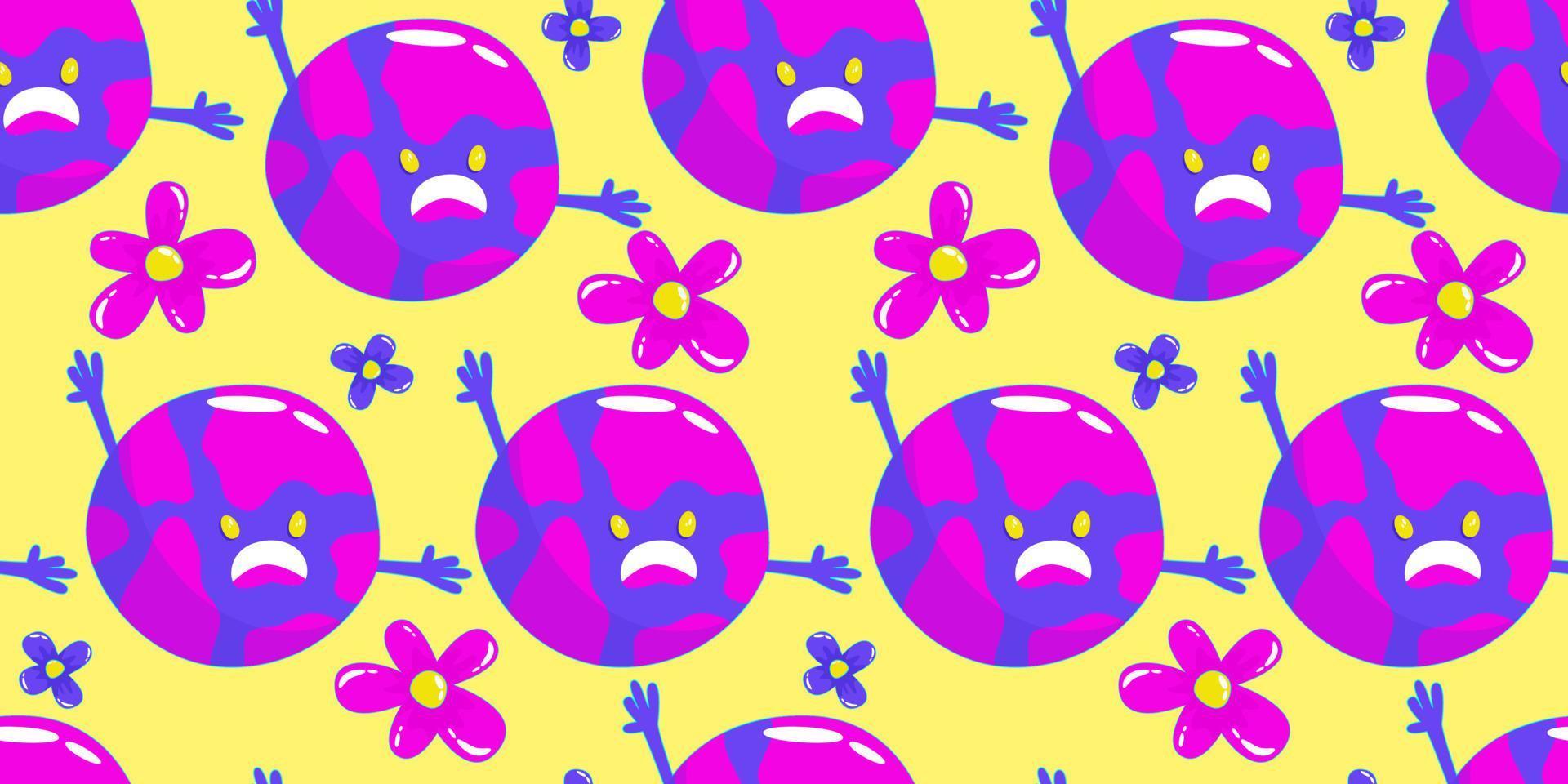 Trippy psychedelic aesthetic y2k seamless pattern. Trippy smile retro pop funny cartoon character. Smiley Happy face. Psychedelic print. Planet and daisy. vector