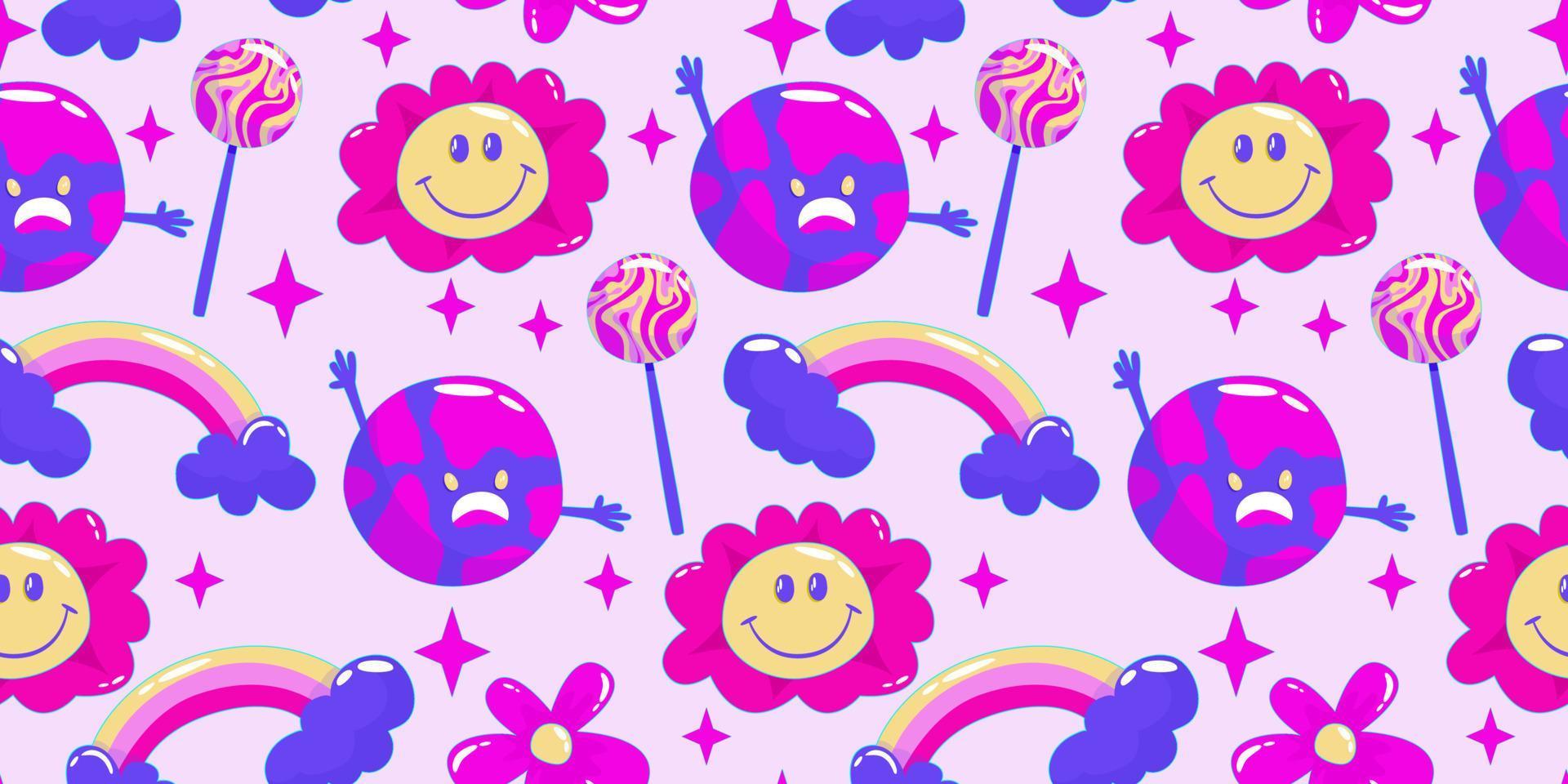 Trippy psychedelic aesthetic y2k seamless pattern. Trippy smile retro pop funny cartoon character. Smiley Happy face. Psychedelic print. Daisy flower, planet and rainbow. vector