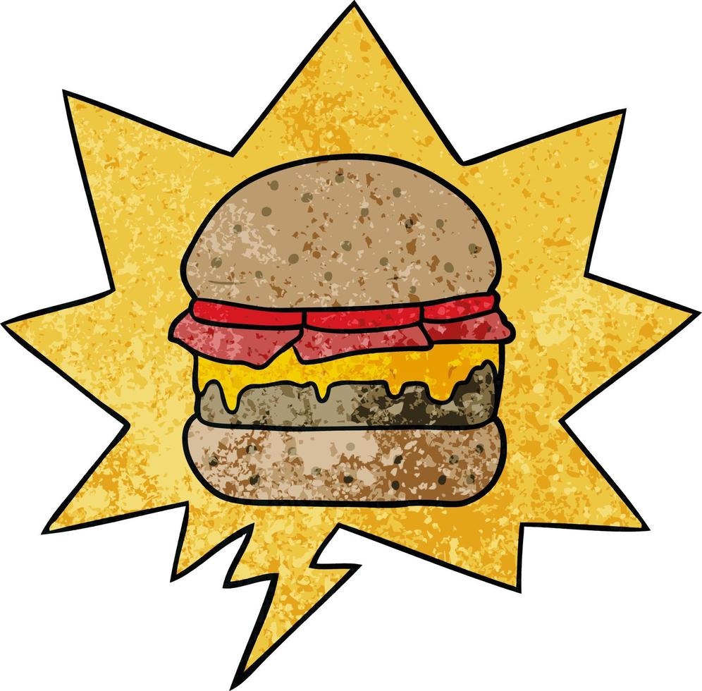 cartoon stacked burger and speech bubble in retro texture style vector