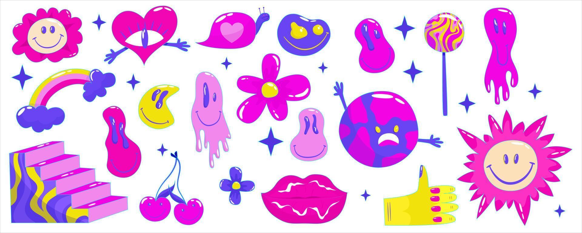 Retro aesthetic y2k, psychedelic acid trippy smile set. 70s, 80s, 90s cartoon style. Set element smile emoji. Creative vector illustration. Funny cartoon character. Pop art aesthetic y2k