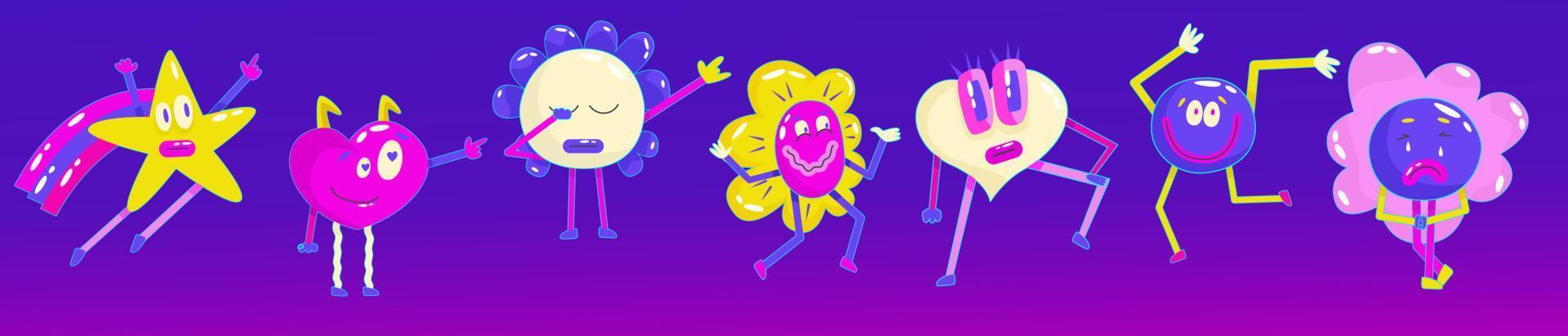Contemporary various smile set in retro comic style. Psychedelic emotions smile, hero, sad character. Modern retro abstract design. Round, star, daisy flower and heart character emoji. vector