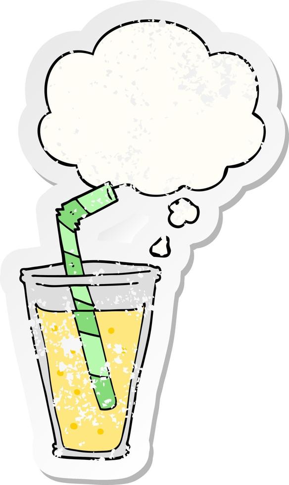 cartoon fizzy drink and thought bubble as a distressed worn sticker vector