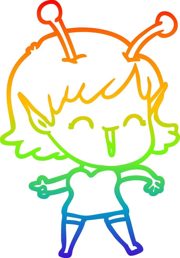 rainbow gradient line drawing cartoon alien girl laughing vector