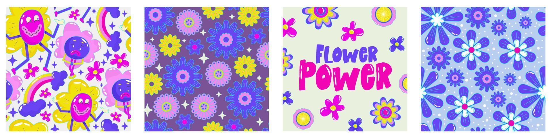 Daisy flower power poster set for print design. Abstract trippy psychedelic pattern. Flower power. Funny vector illustration. Retro 1990 poster for tshirt design.