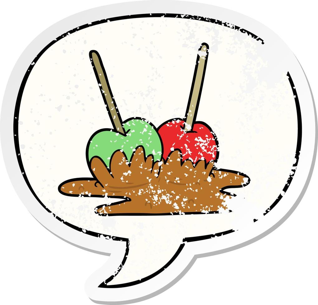 cartoon toffee apples and speech bubble distressed sticker vector