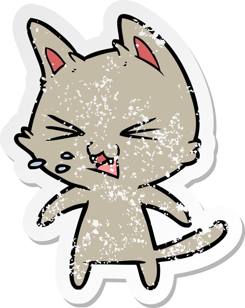 distressed sticker of a cartoon cat hissing vector
