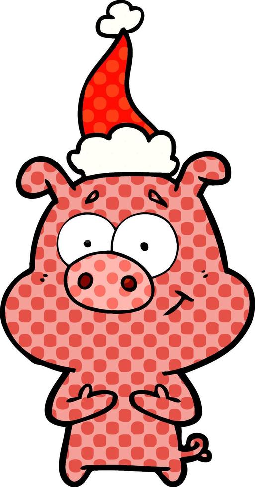 happy comic book style illustration of a pig wearing santa hat vector