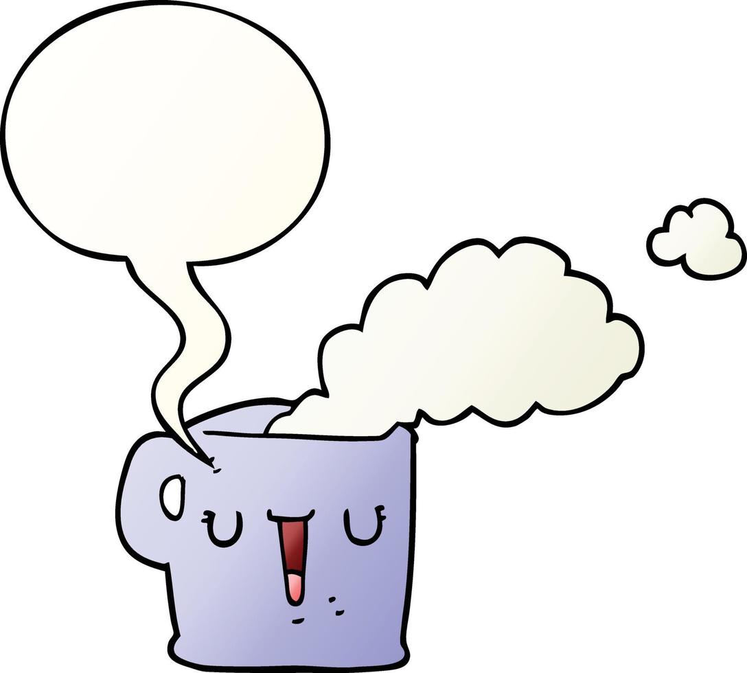 cartoon hot cup of coffee and speech bubble in smooth gradient style vector