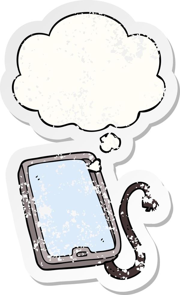 cartoon computer tablet and thought bubble as a distressed worn sticker vector